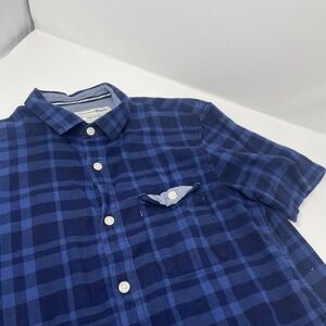 Tom Tailor Denim Men's Blue Plaid Flannel Short Sleeve Hipster Shirt Size Small